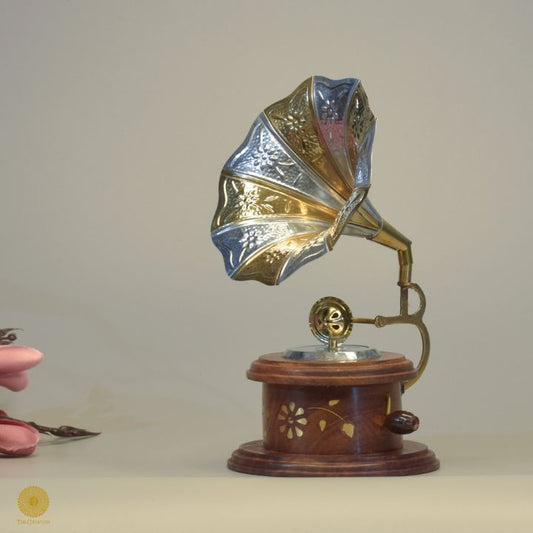Wooden antique round gramophone showpiece, decorative wooden decor piece with vintage design, by TheGharnish.