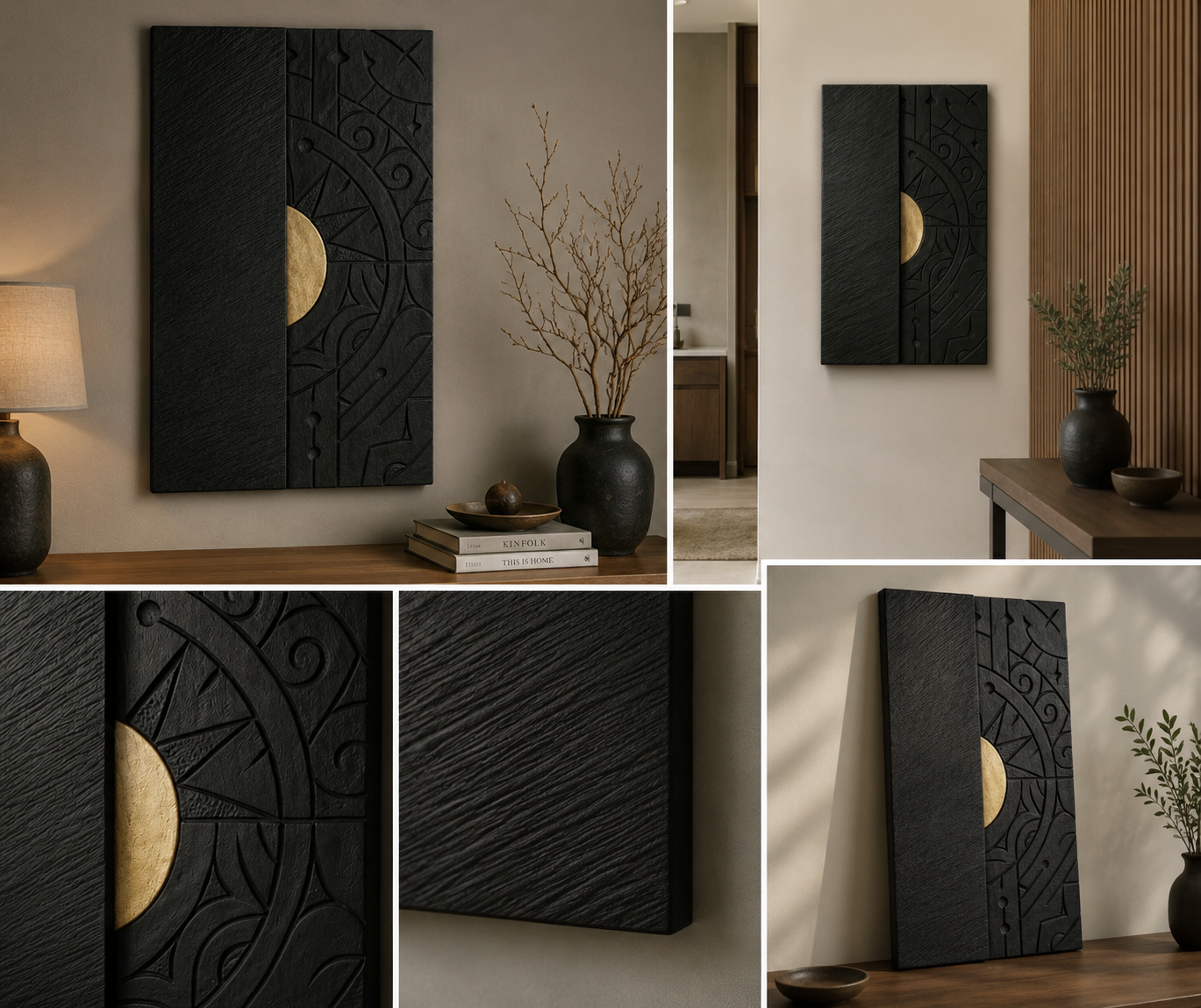 Wooden wall art panels featuring a mystical moon design from The Gharnish Mystic Eclipse luxury wall décor collection.