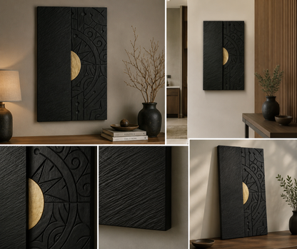 Wooden wall art panels featuring a mystical moon design from The Gharnish Mystic Eclipse luxury wall décor collection.