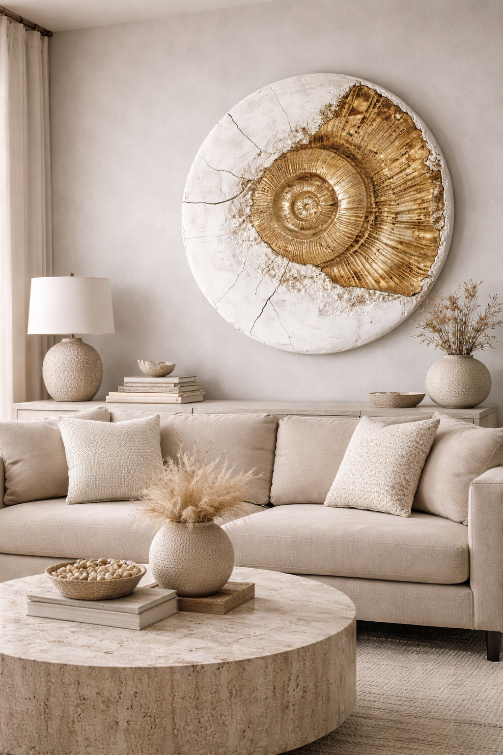 Modern living room with beige sofa, round coffee table, and decorative wall art.