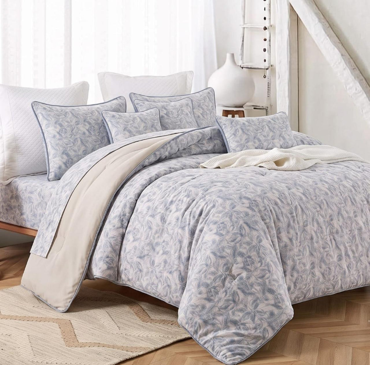 Reversible white floral-patterned comforter set by The Gharnish, king size bedding with elegant floral design.