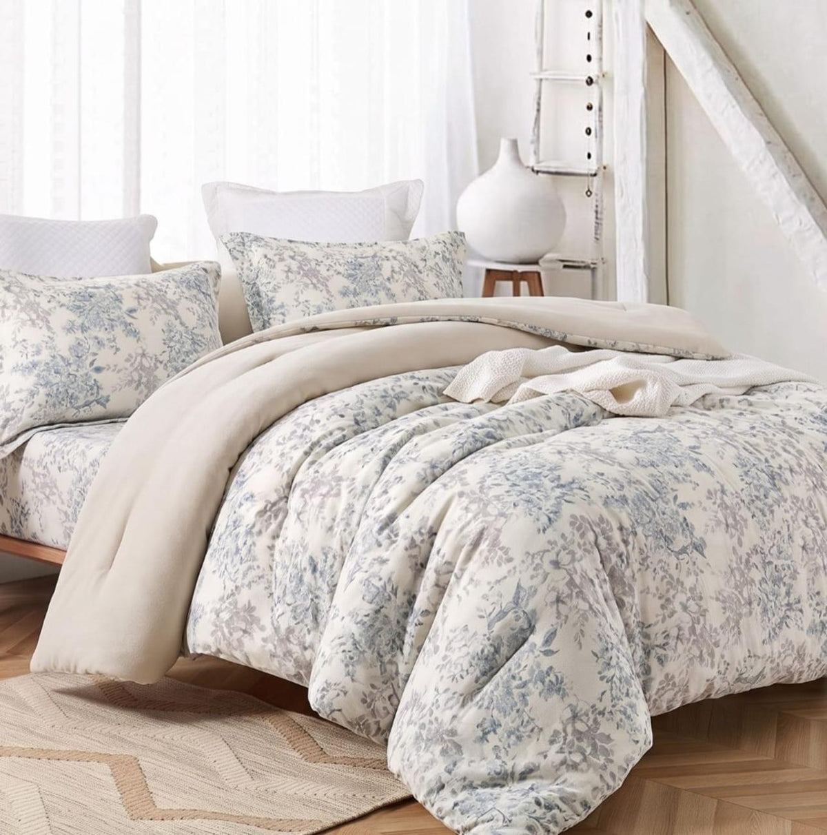 Reversible white floral comforter set by The Gharnish, king size bedding with elegant floral design and cozy fabric.