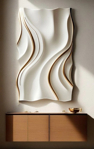 White Modern Wall Decor, Minimalist Vertical Wall Art, Abstract 3D Wood Carving Wood Carving, Handmade Wall Hanging - The Gharnish - A Unit of Satkala Creations