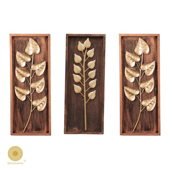 Wooden frame leaf wall art in 8x20 inches, natural wooden decor piece with carved leaf design, suitable for wall decoration.