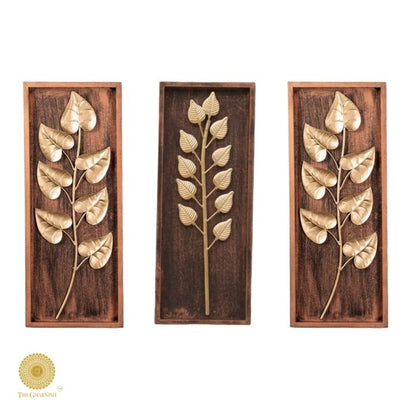 Wooden frame leaf wall art in 8x20 inches, natural wooden decor piece with carved leaf design, suitable for wall decoration.