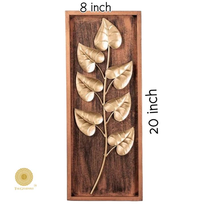 Wooden frame leaf wall art in natural wood finish, 8x20 inches, decorative wooden wall decor for living spaces.