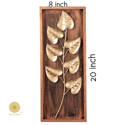 Wooden frame leaf wall art in natural wood finish, 8x20 inches, decorative wooden wall decor for living spaces.