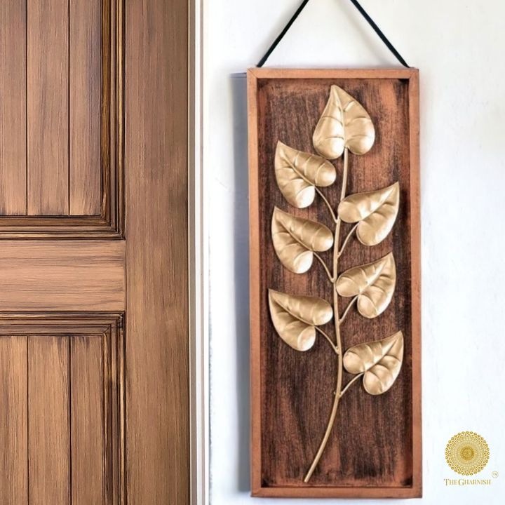 Wooden frame leaf wall art in 8x20 inches, featuring natural wood decor with intricate leaf design for wall decoration.