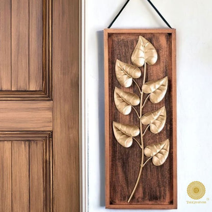 Wooden frame leaf wall art in 8x20 inches, featuring natural wood decor with intricate leaf design for wall decoration.