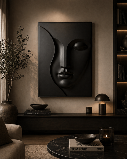 Modern abstract wooden wall art called Eclipse Face by The Gharnish, featuring a 3D geometric design on a wall.