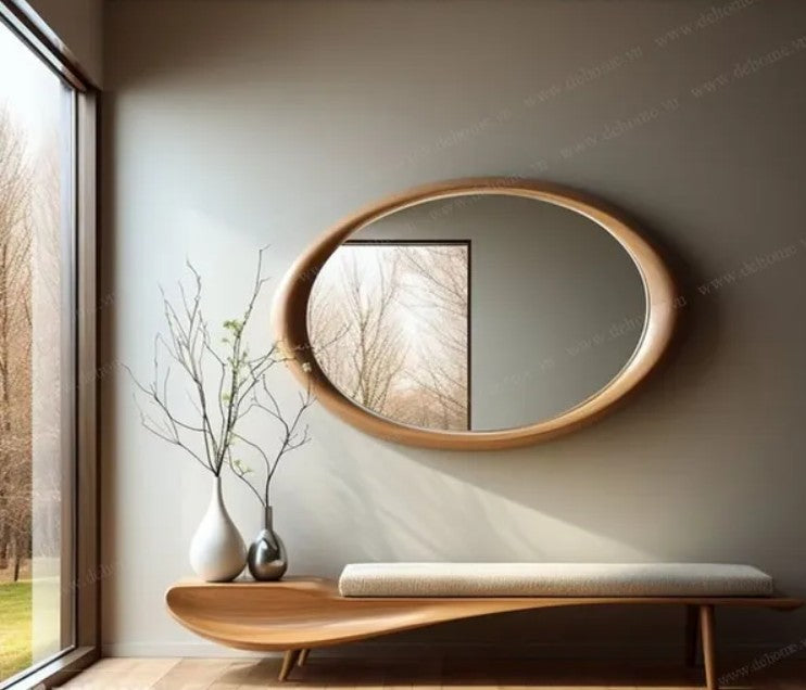 Premium Wooden Oval Mid Century Wall Mirror, Farmhouse Mirror, Oak Mirror - The Gharnish - A Unit of Satkala Creations