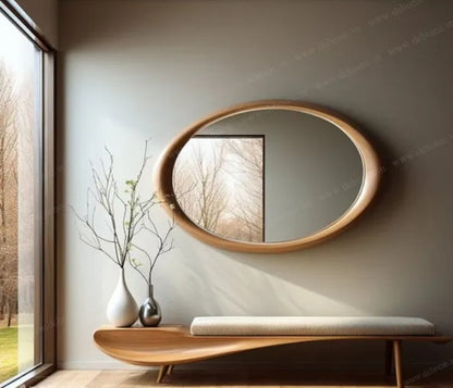 Premium Wooden Oval Mid Century Wall Mirror, Farmhouse Mirror, Oak Mirror - The Gharnish - A Unit of Satkala Creations
