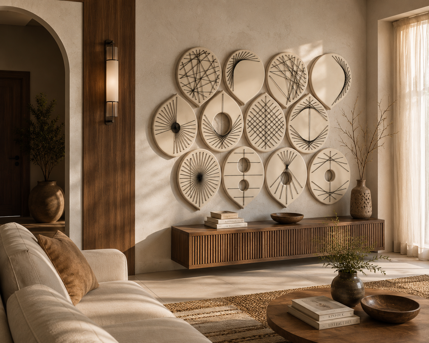 A styled living room interior featuring a large collection of circular and oval decorative wall art pieces in neutral beige and brown tones, mounted above a wooden console. A cream-colored sofa is visible in the foreground, along with a coffee table, rug, and warm sunlight streaming through a window.
