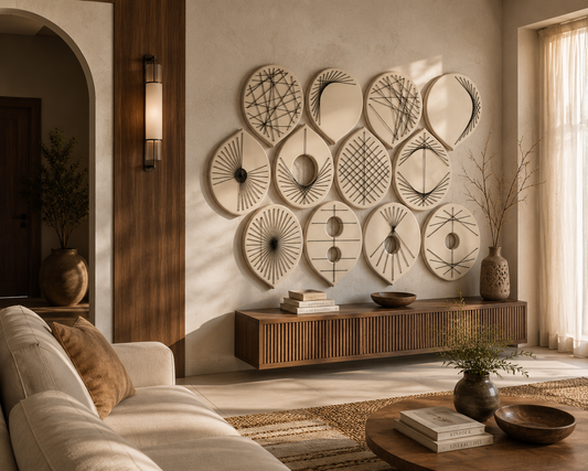 Set of 12 modern geometric wooden wall art pieces from The Gharnish, featuring abstract luxury wall decor for contemporary interiors.