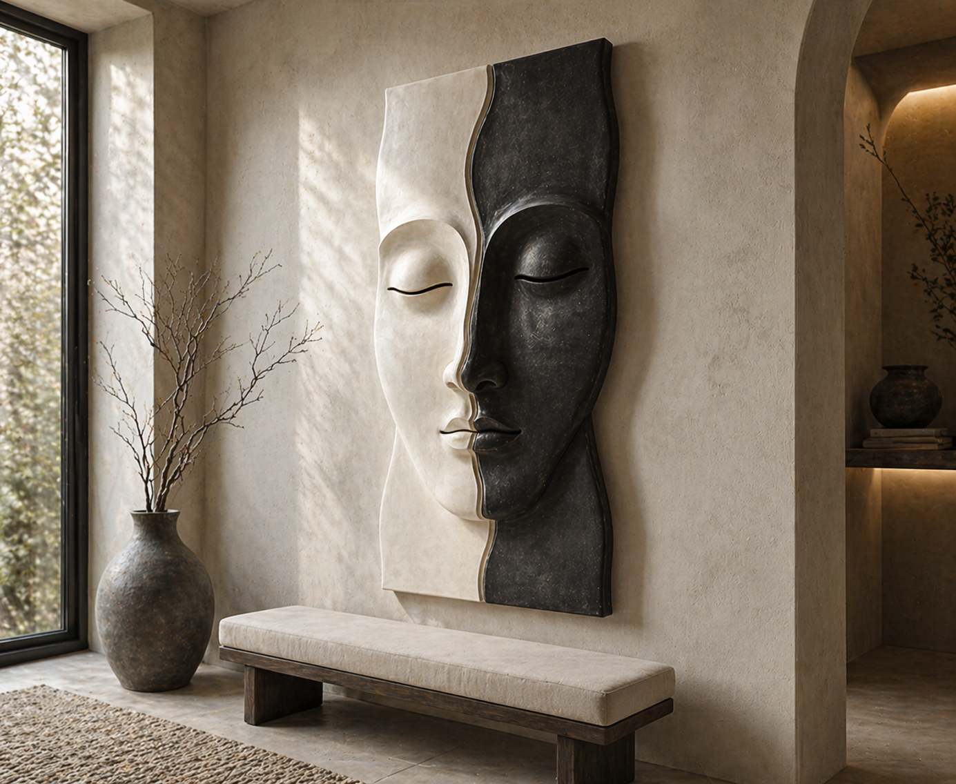 Modern wooden wall art by The Gharnish featuring an abstract split face design, ideal for living room or entryway decor.