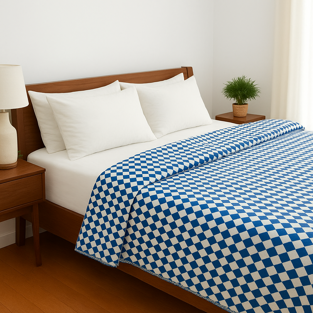 Bed with blue and white checkered blanket, wooden headboard, and nightstands with lamps.