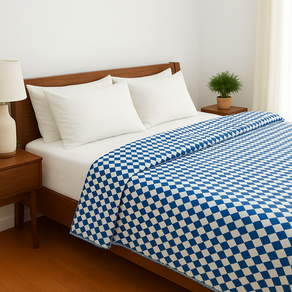 Bed with blue and white checkered blanket, wooden headboard, and nightstands with lamps.