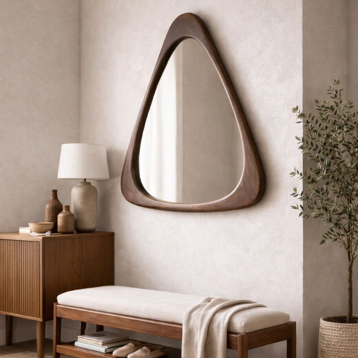 Triangular mirror on a wall above a wooden bench with a lamp and decorative items.