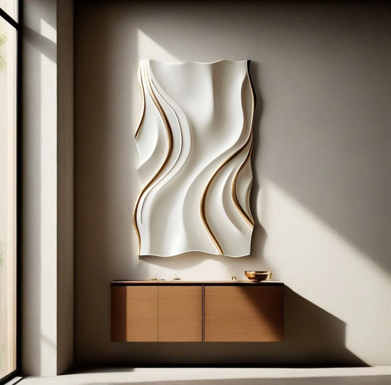 White Modern Wall Decor, Minimalist Vertical Wall Art, Abstract 3D Wood Carving Wood Carving, Handmade Wall Hanging - The Gharnish - A Unit of Satkala Creations