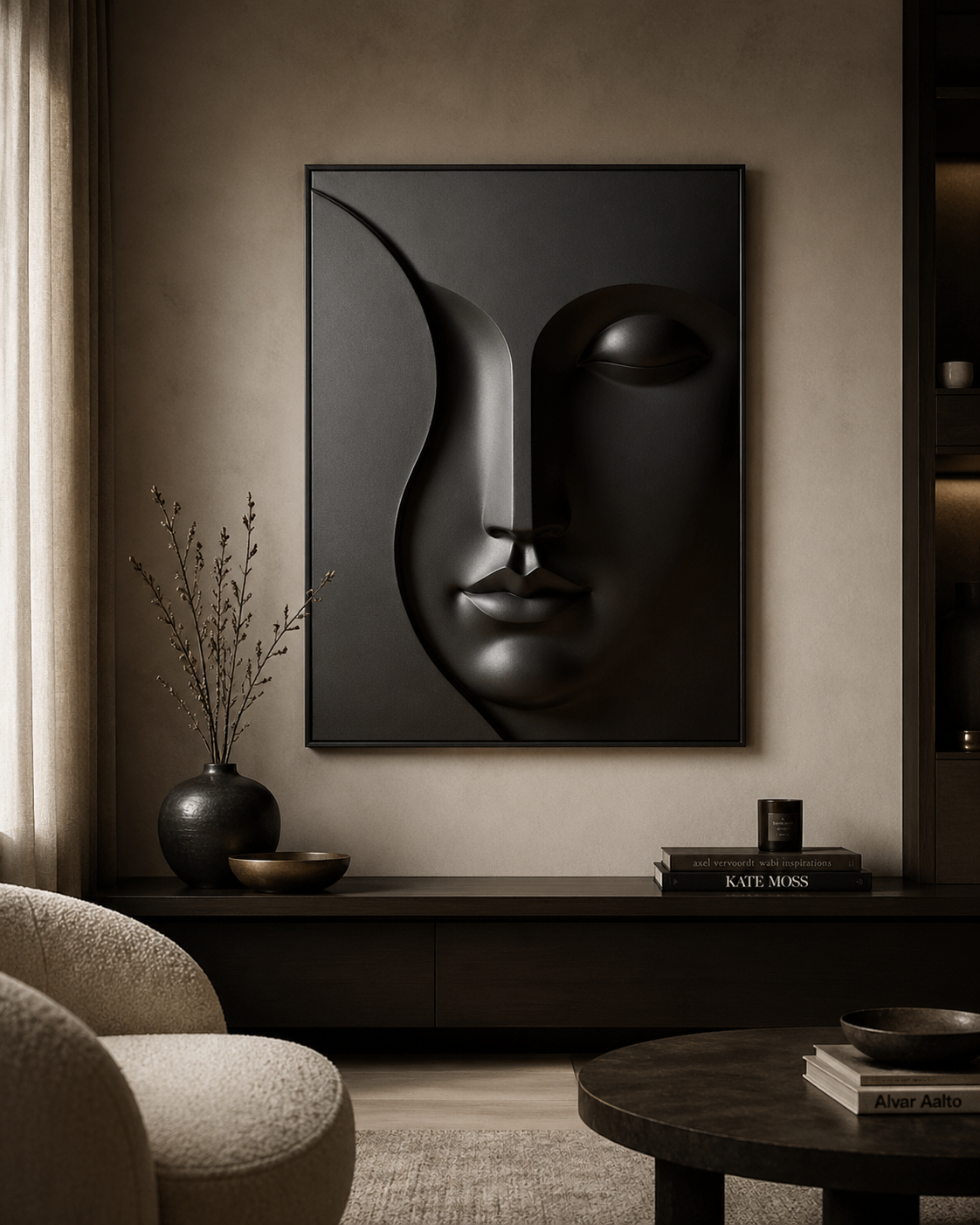 Modern abstract wooden wall art titled Eclipse Face by The Gharnish featuring a 3D geometric design for contemporary interior decor.