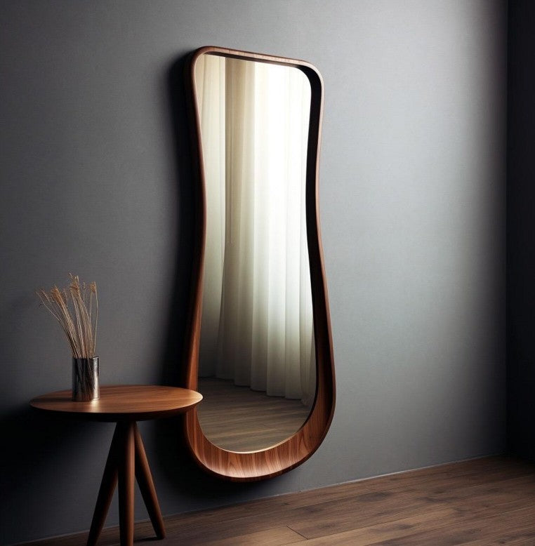 Asymmetrical wooden bathroom vanity mirror with a wavy, irregular design, perfect for modern home decor.