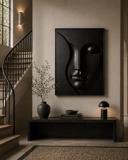 Modern abstract wooden wall art called Eclipse Face by The Gharnish, featuring a 3D design on a wooden surface.