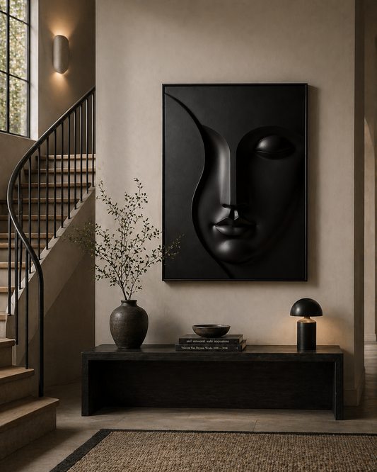 Modern abstract wooden wall art called Eclipse Face by The Gharnish, featuring a 3D design on a wooden surface.