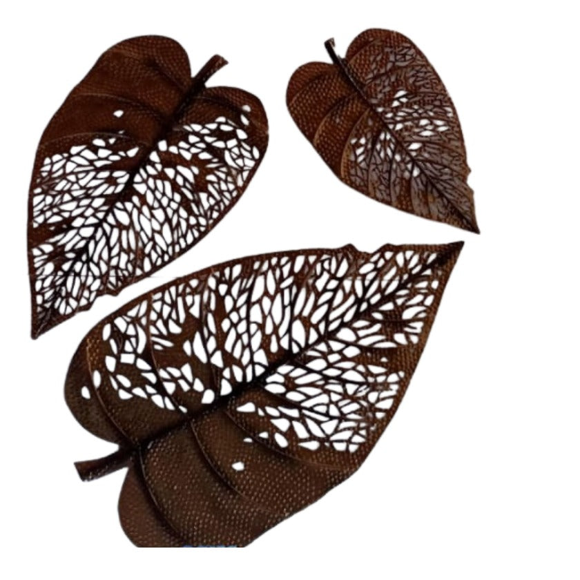 Three metal leaf wall art pieces in 30, 24, and 18 inches, crafted by The Gharnish, displayed as decorative wall decor.