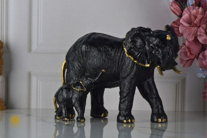 Black elephant figurine with a baby elephant, detailed animal sculpture from TheGharnish animal figurines collection