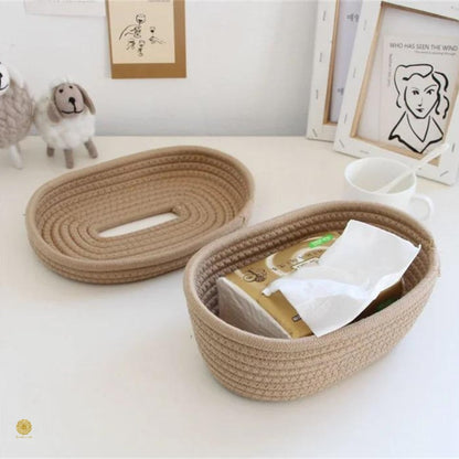 Brown cotton rope tissue holder organizer basket by TheGharnish, designed for stylishly storing tissues and small essentials.