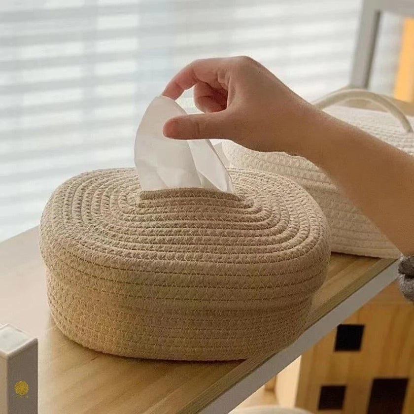 Brown cotton rope tissue holder organizer basket by TheGharnish, designed for convenient tissue storage and stylish home organization.