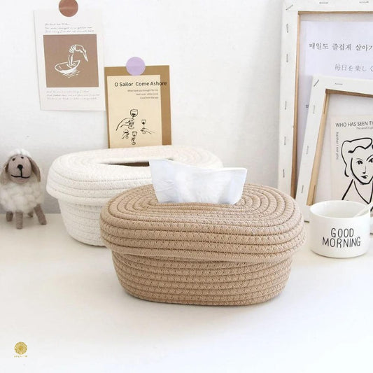 Brown cotton rope tissue holder organizer basket from TheGharnish, compact and stylish for bathroom or living room storage.