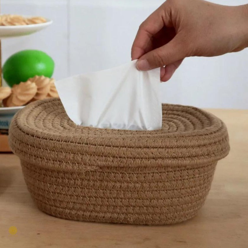 Brown cotton rope tissue holder organizer basket by TheGharnish, designed for convenient tissue storage and display.