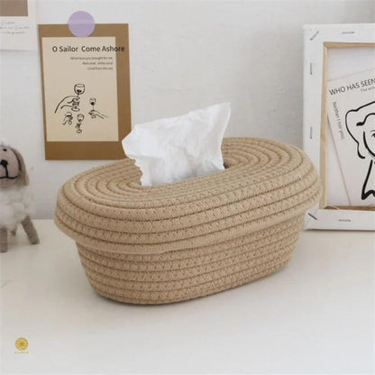 Brown cotton rope tissue holder organizer box by TheGharnish, designed as a stylish basket for storing tissues.