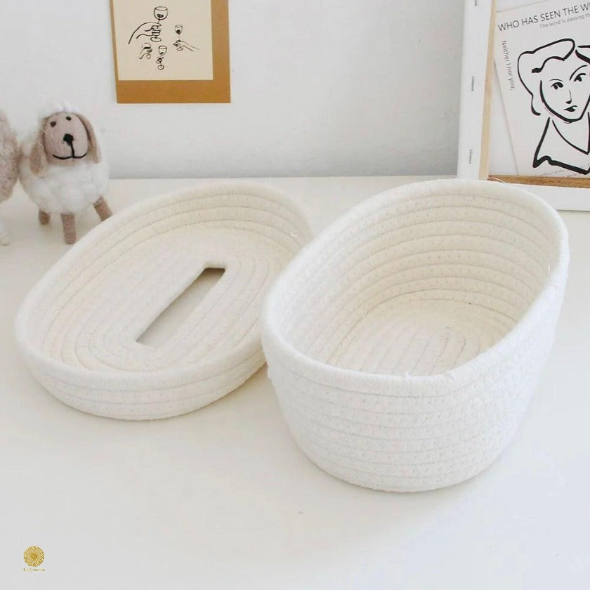 Brown cotton rope tissue holder organizer basket by TheGharnish, designed for storing tissues and small essentials.