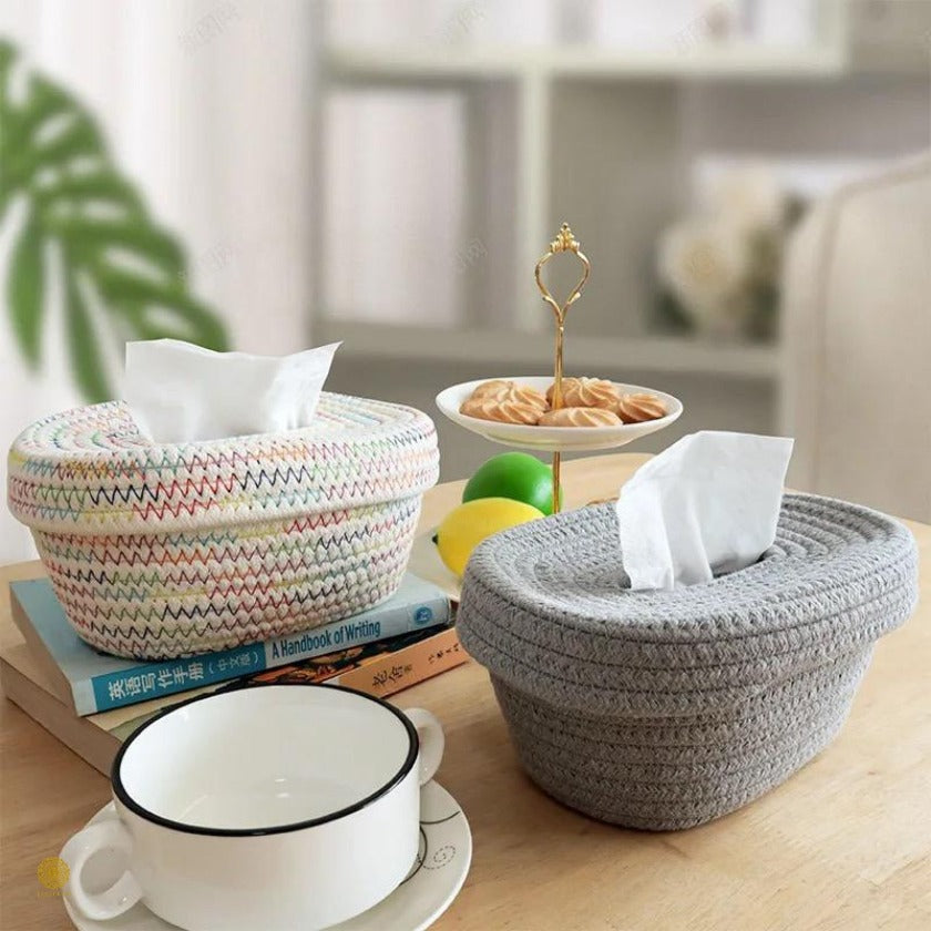 Brown cotton rope tissue holder basket by TheGharnish for organizing tissues in a stylish, compact storage box.