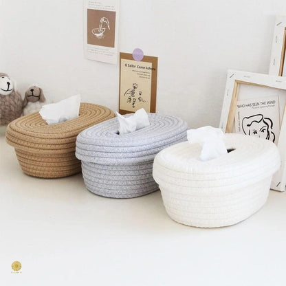 Brown cotton rope tissue holder organizer basket by TheGharnish, compact storage box for tissues and small essentials.