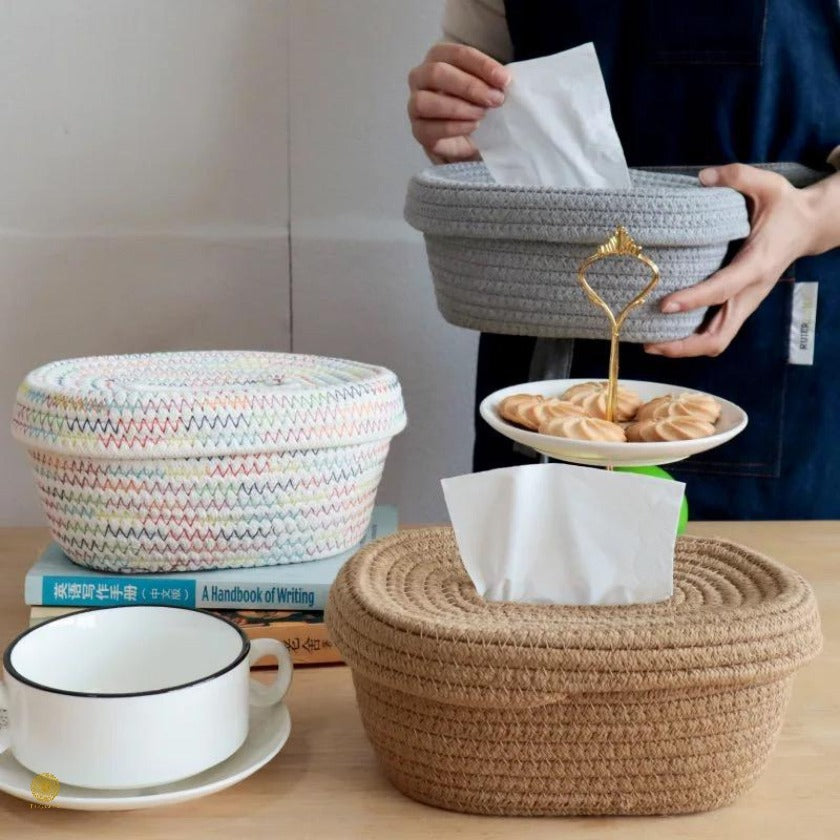Brown cotton rope tissue holder organizer basket from TheGharnish, designed for stylish storage and easy tissue access.