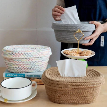Brown cotton rope tissue holder organizer basket from TheGharnish, designed for stylish storage and easy tissue access.