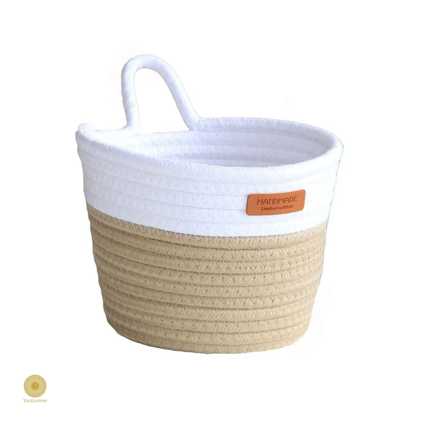 White and brown wall hanging basket by TheGharnish, featuring a woven design perfect for home decor or storage.