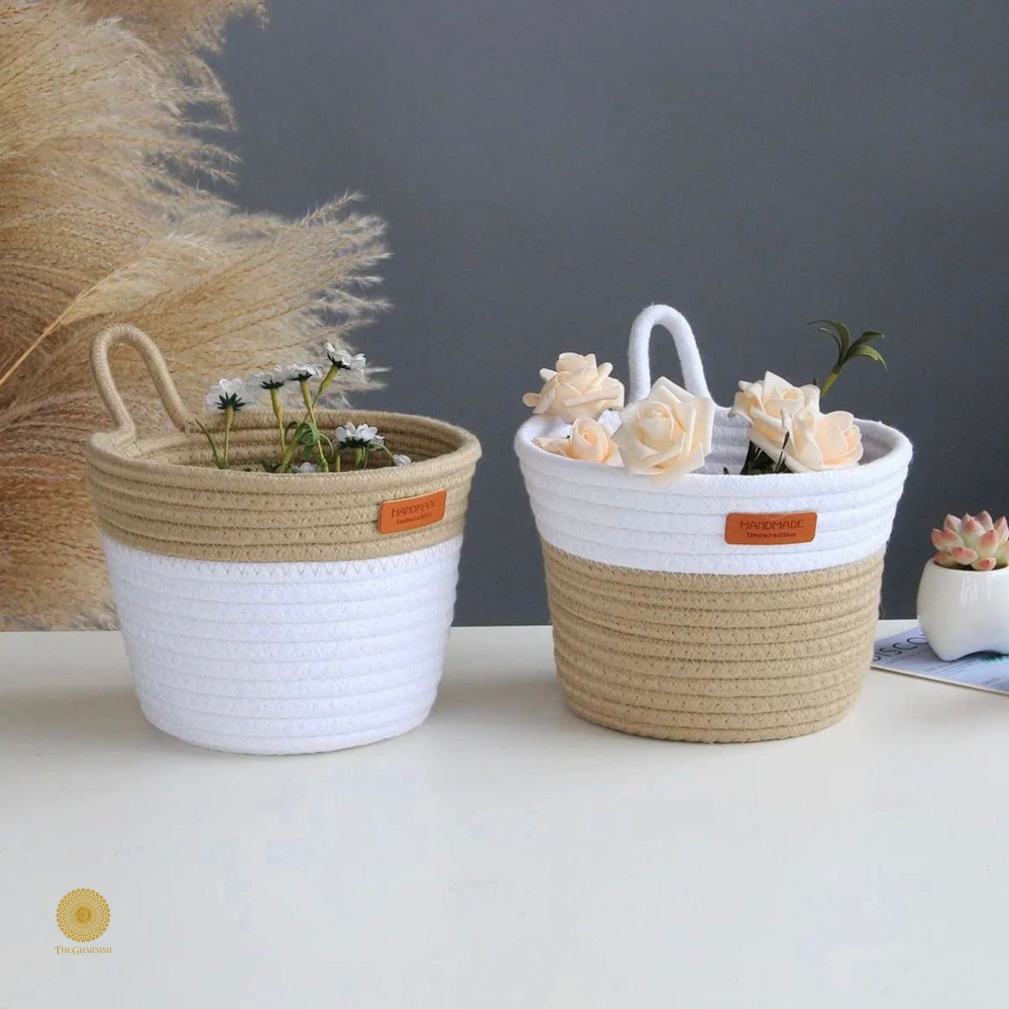 White and brown wall hanging basket by TheGharnish, featuring a woven basket design for decorative storage.