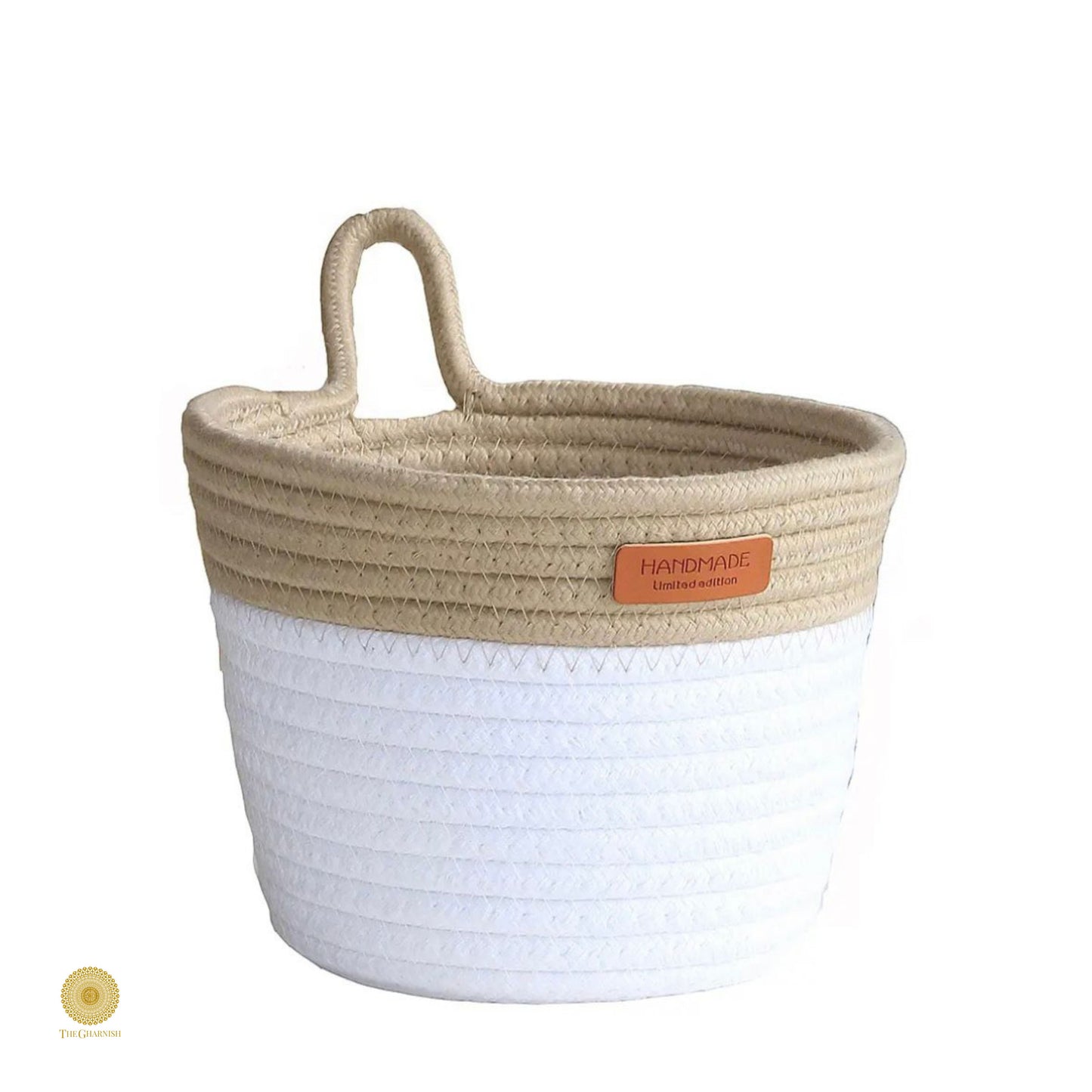 White and brown woven wall hanging basket by TheGharnish, with a natural, rustic design for home decor or storage.