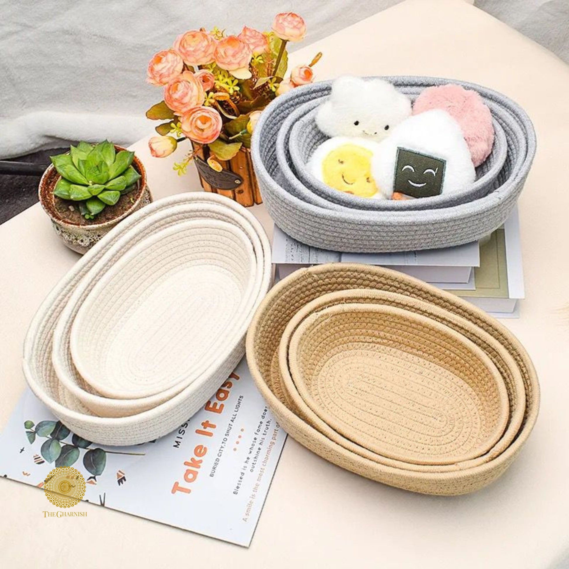Set of three white storage organizer baskets by TheGharnish, versatile baskets for home or office organization.
