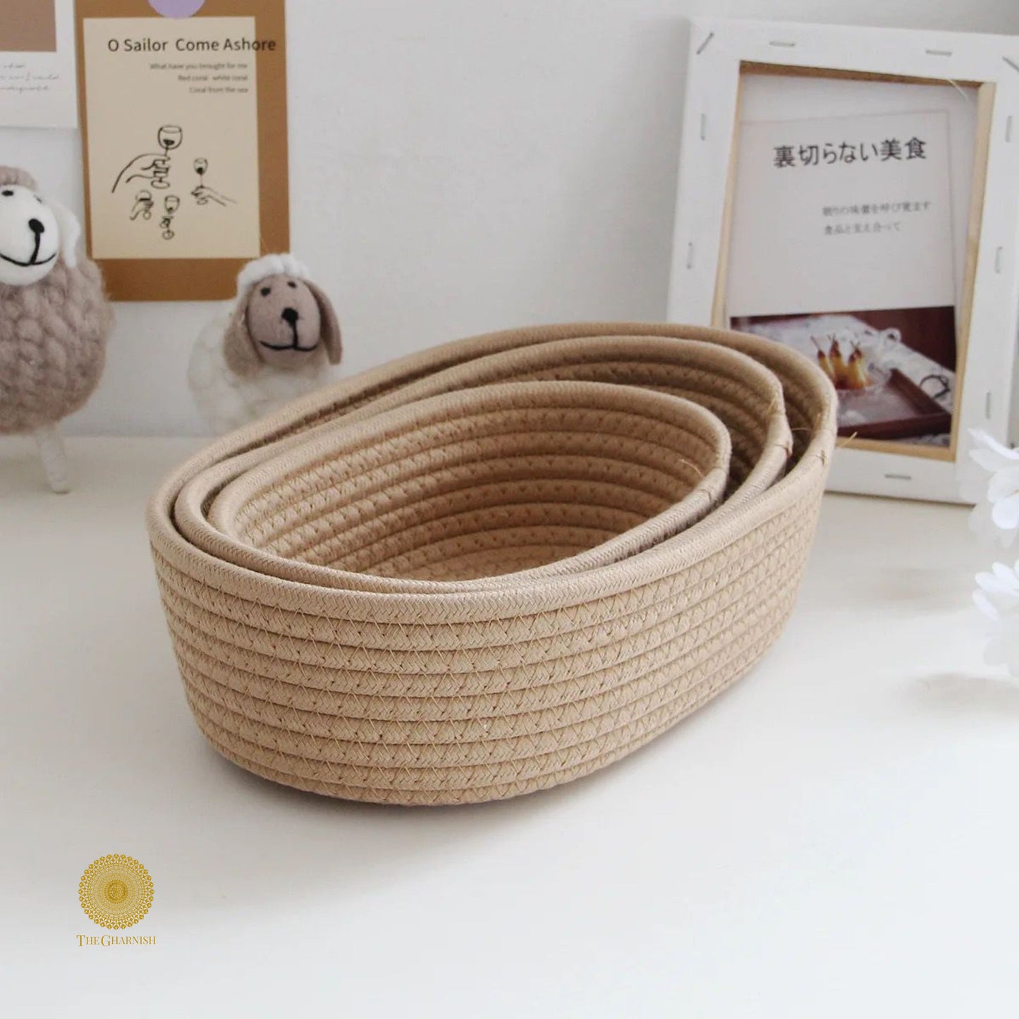 Set of three white storage organizer baskets by TheGharnish, ideal for decluttering and organizing home or office spaces.