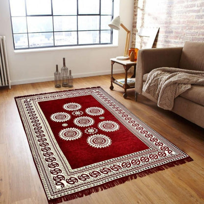 Red Chenille Panel Design Carpet by TheGharnish showing intricate pattern and plush texture on a soft surface.