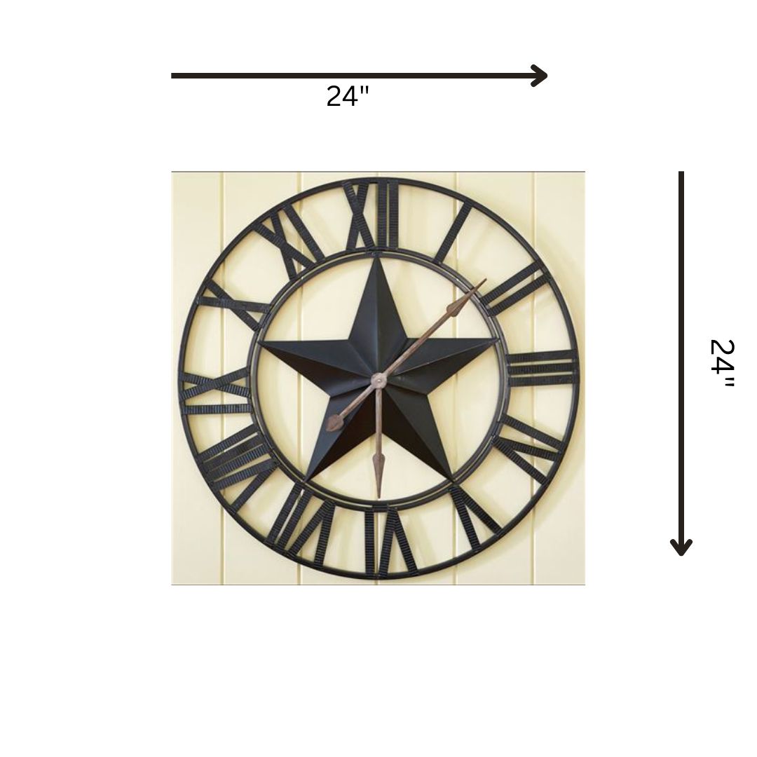 Roman Star Metallic Wall Clock with 24-inch diameter, featuring a stylish metallic finish and bold Roman numeral design.