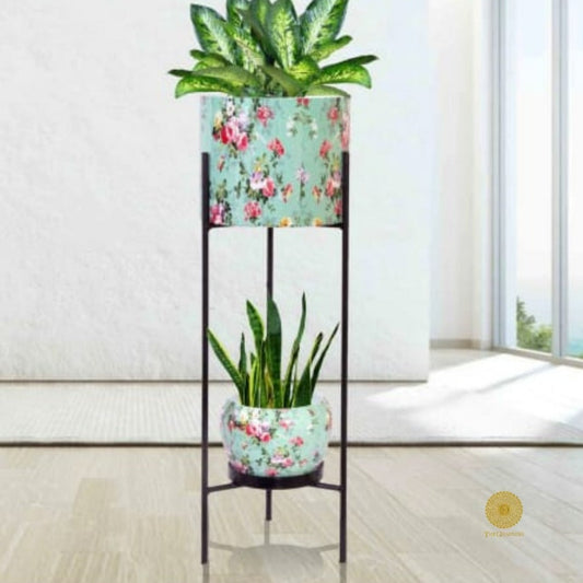 Enemal Print Set of 2 Planter with Stand - The Gharnish - A Unit of Satkala Creations