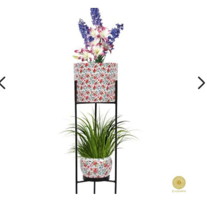 Enemal Print Set of 2 Planter with Stand - The Gharnish - A Unit of Satkala Creations