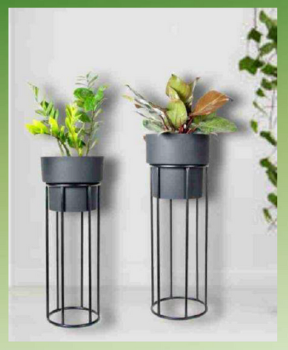 Set of 2 TheGharnish planters with stands, 30 and 25 inches tall, featuring stylish containers for indoor or outdoor plants.