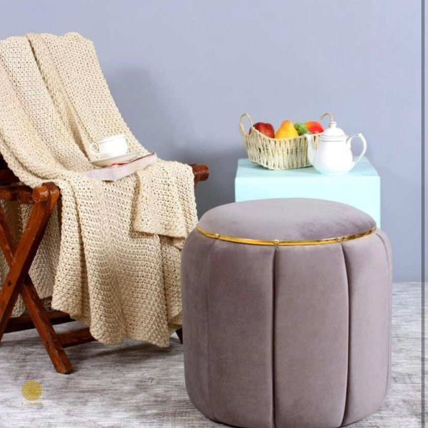 Brown Dressing Table Sitting Stool Pouf by TheGharnish, soft fabric with round shape, perfect for vanity or dressing area.